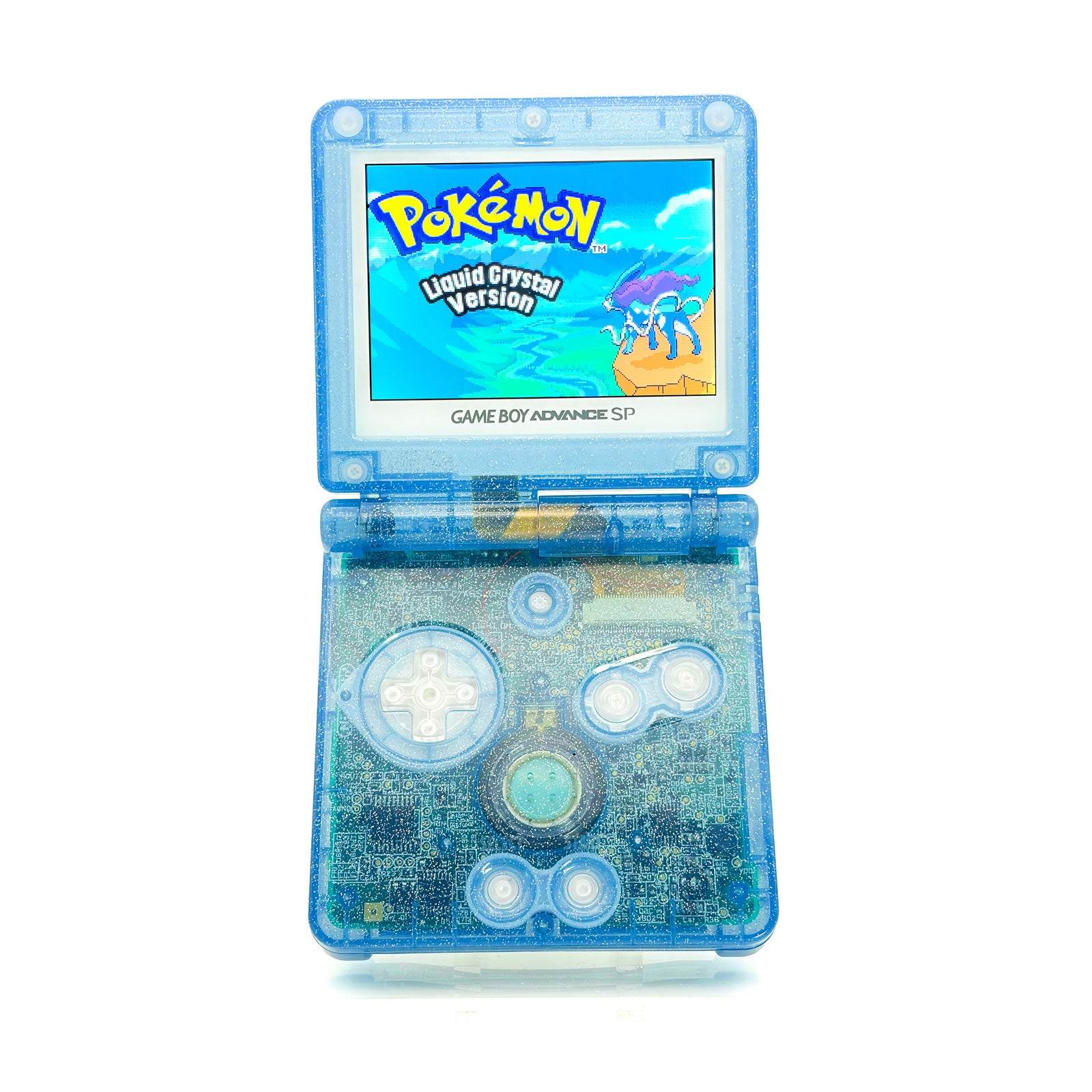Game Boy Advance SP Liquid Crystal Edition with transparent blue glitter shell
