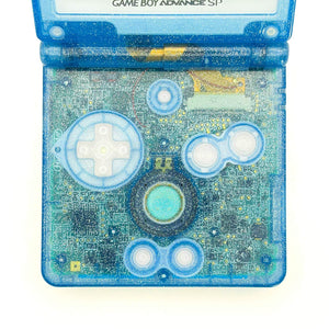 Game Boy Advance SP Liquid Crystal Edition with transparent blue shell and IPS V5 display