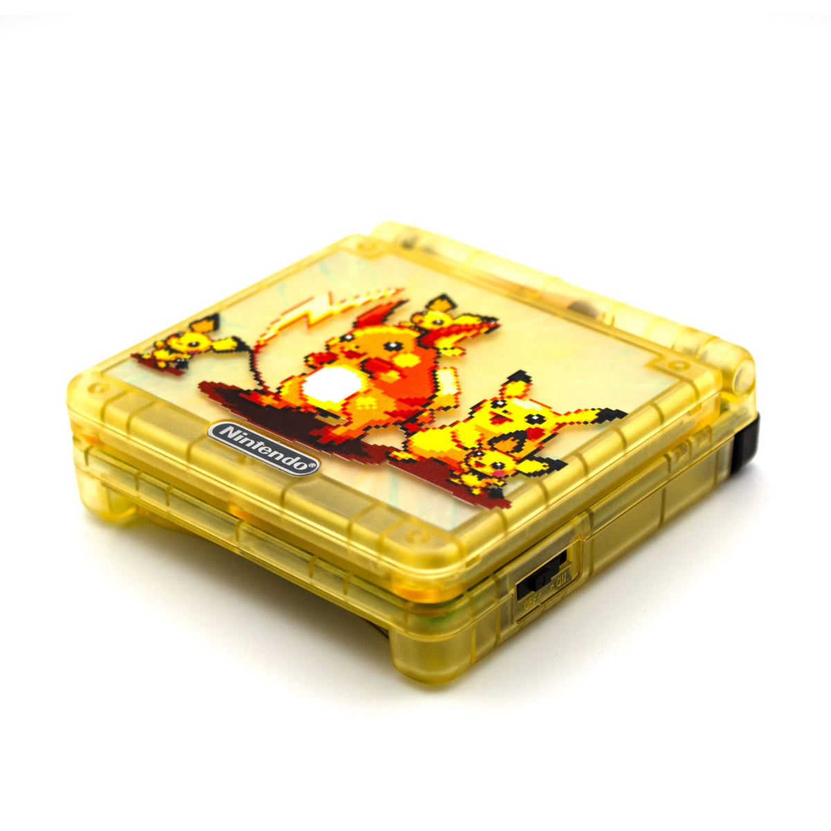 Raichu Edition Game Boy Advance SP with transparent yellow shell and evolution artwork