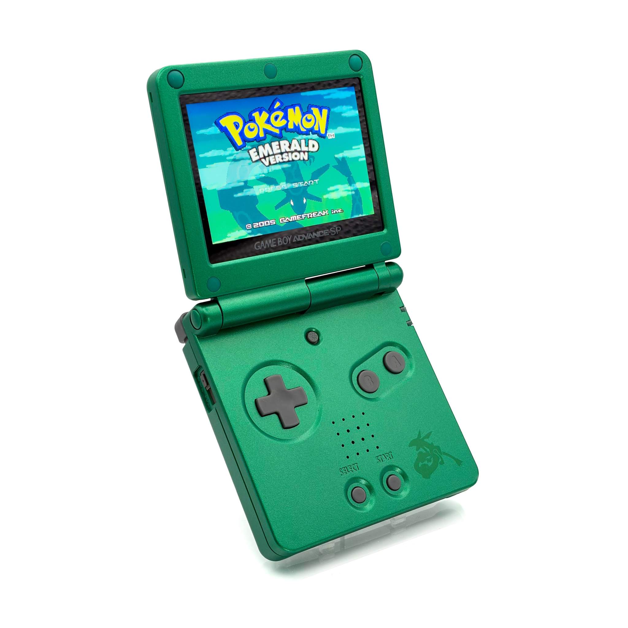 Game Boy Advance SP Rayquaza Edition with V5 IPS screen and emerald green shell
