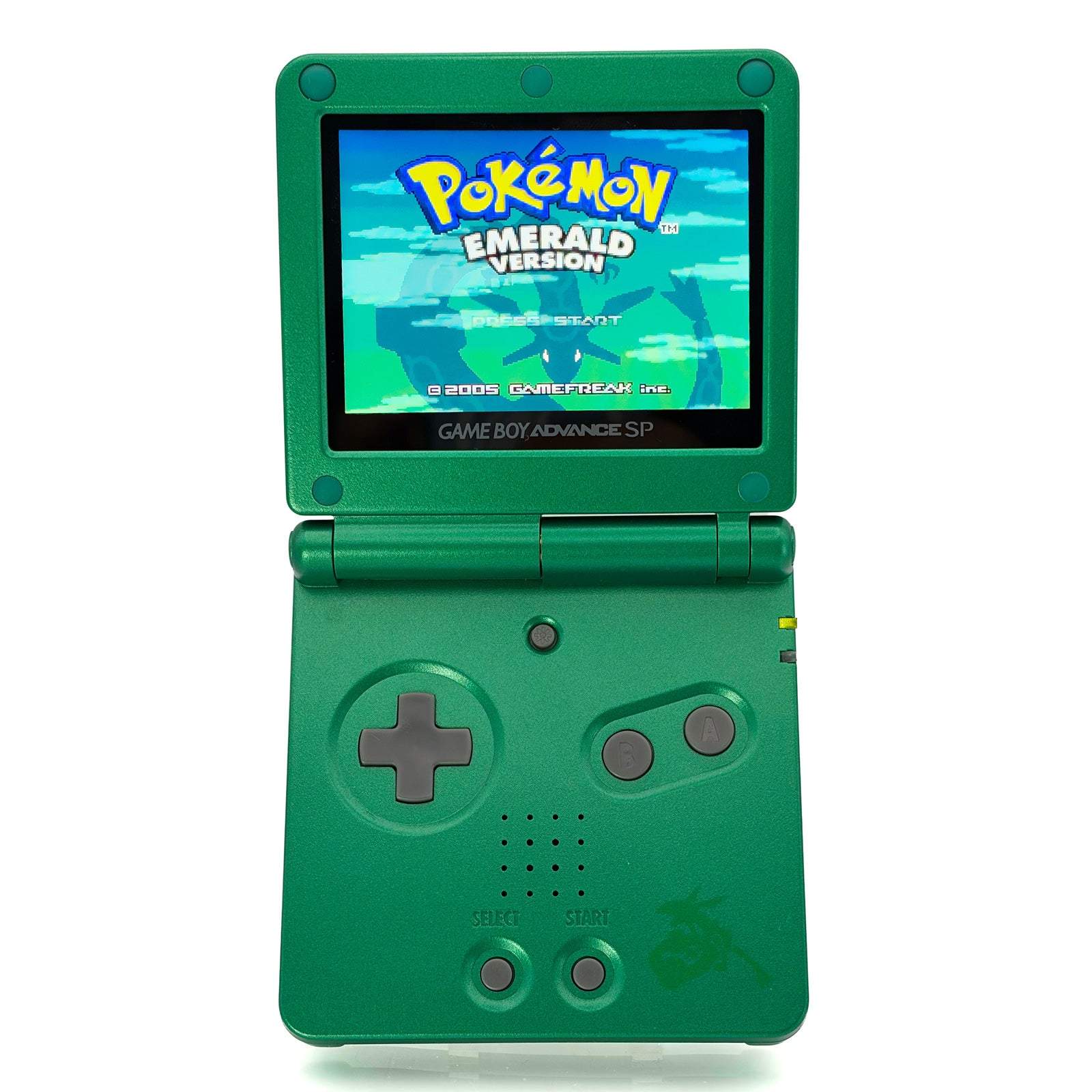 Game Boy Advance SP Rayquaza Edition with emerald-green shell and modern IPS screen