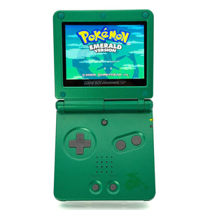 Game Boy Advance SP Rayquaza Edition with emerald-green shell and modern IPS screen