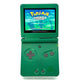 Game Boy Advance SP Rayquaza Edition with emerald-green shell and modern IPS screen