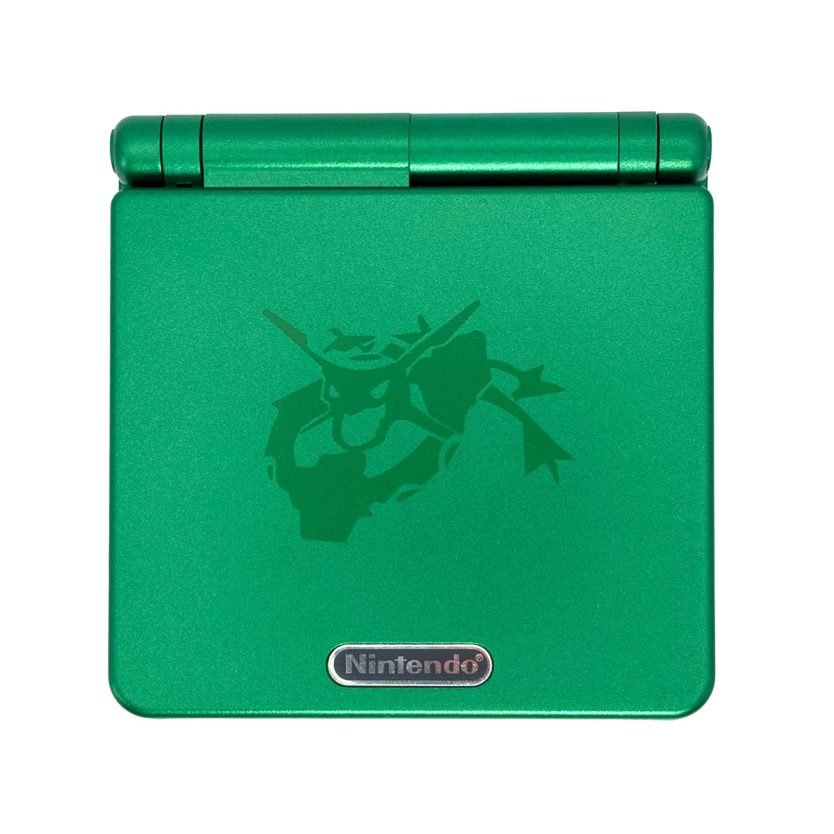 Game Boy Advance SP Rayquaza Edition handheld with emerald-green shell and upgraded IPS screen