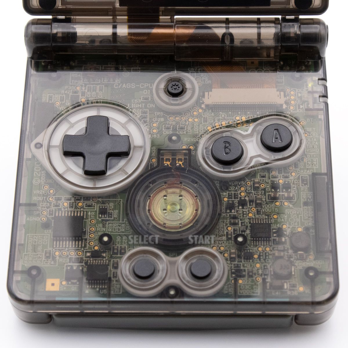 Refurbished Game Boy Advance SP Transparent Black Edition handheld console showing internal circuitry