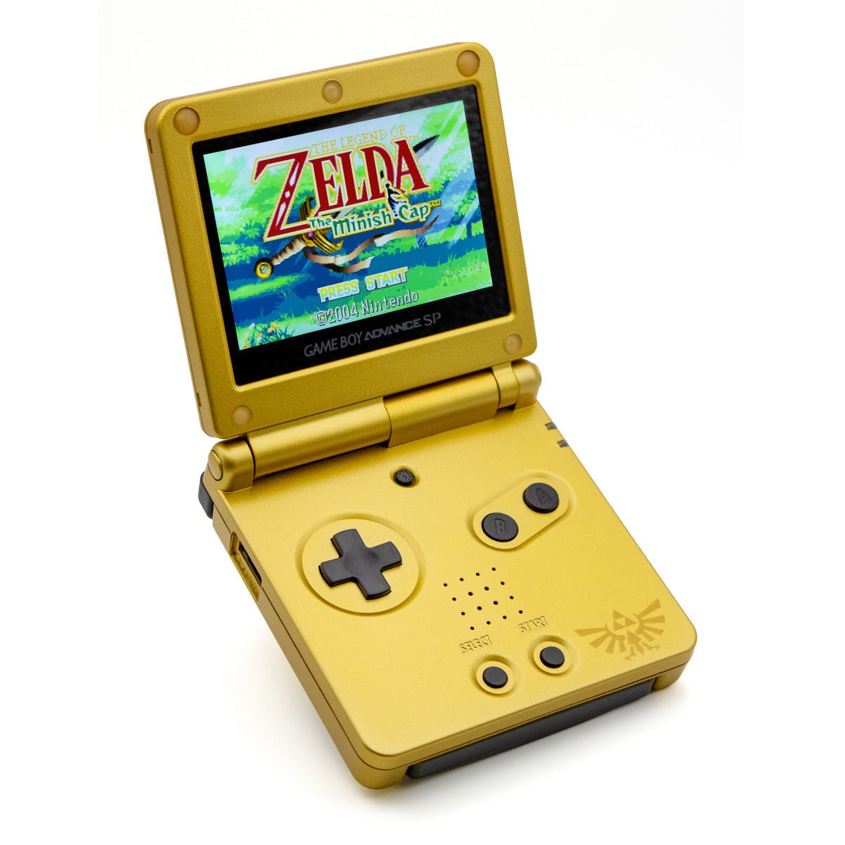 Game Boy Advance SP Zelda Triforce Edition with gold shell and IPS V5 screen