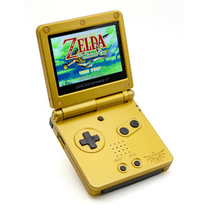 Game Boy Advance SP Zelda Triforce Edition with gold shell and IPS V5 screen