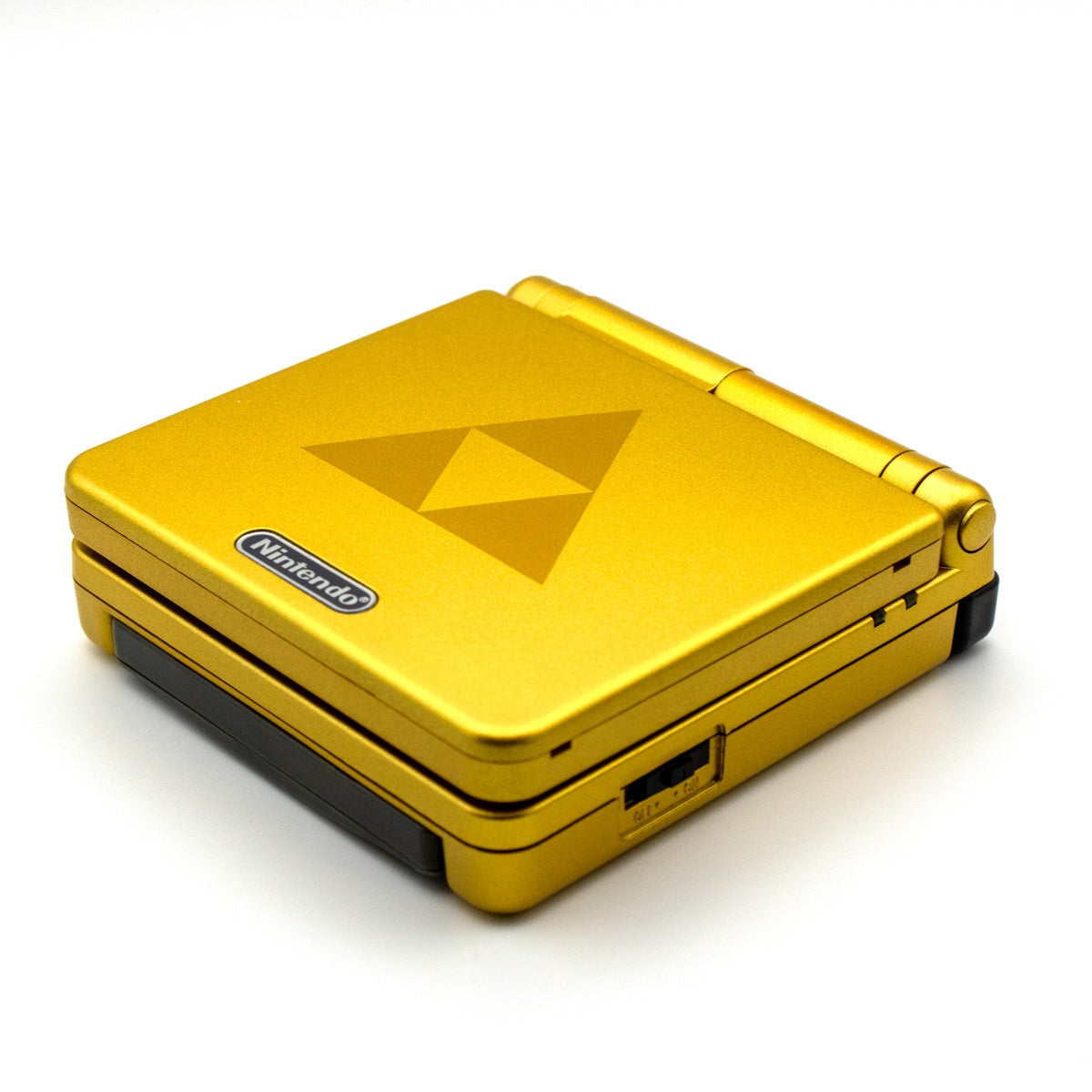 Game Boy Advance SP Zelda Triforce Edition with gold shell and IPS V5 backlit screen