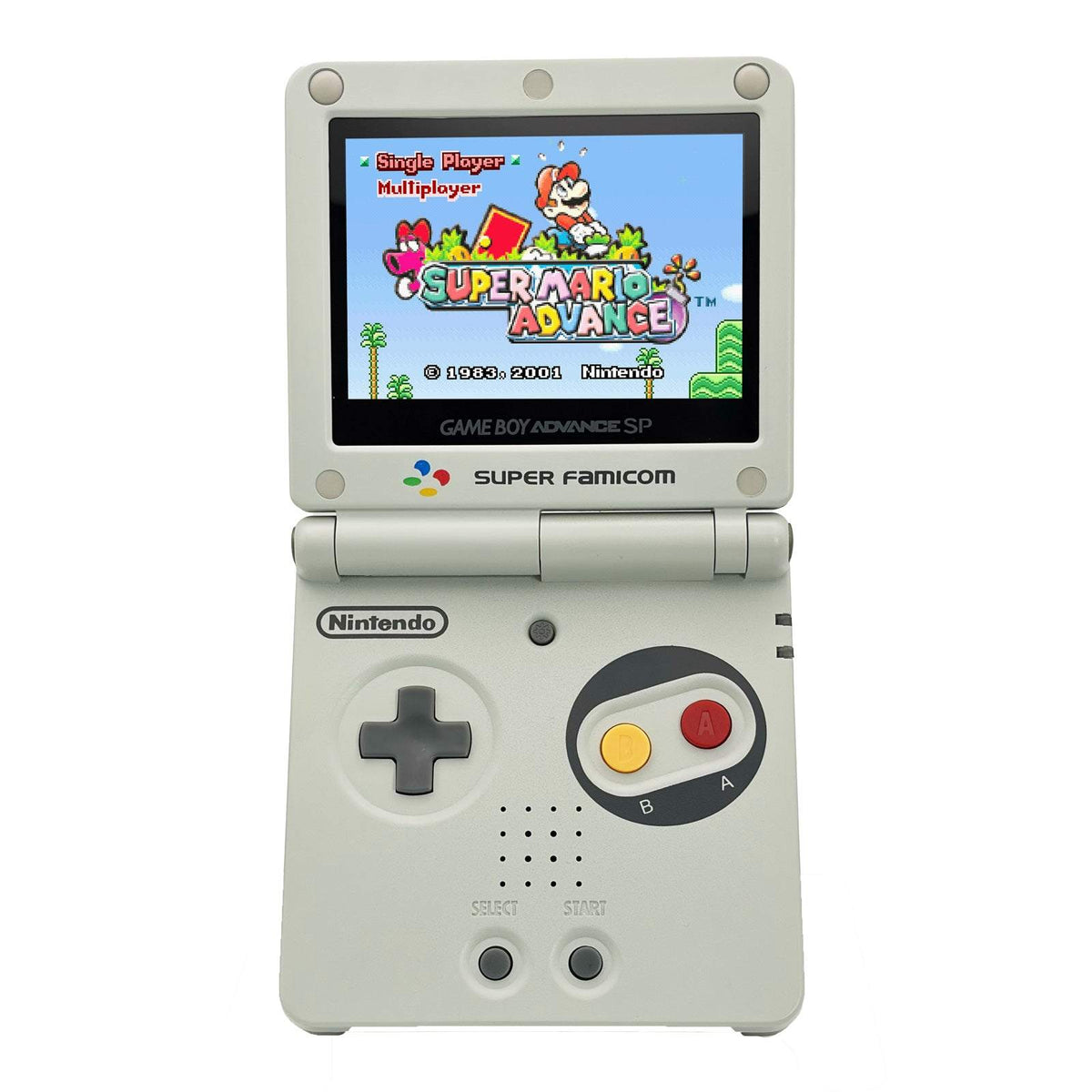 Gameboy Advance SP Super Famicom Edition console with grey shell and colored buttons