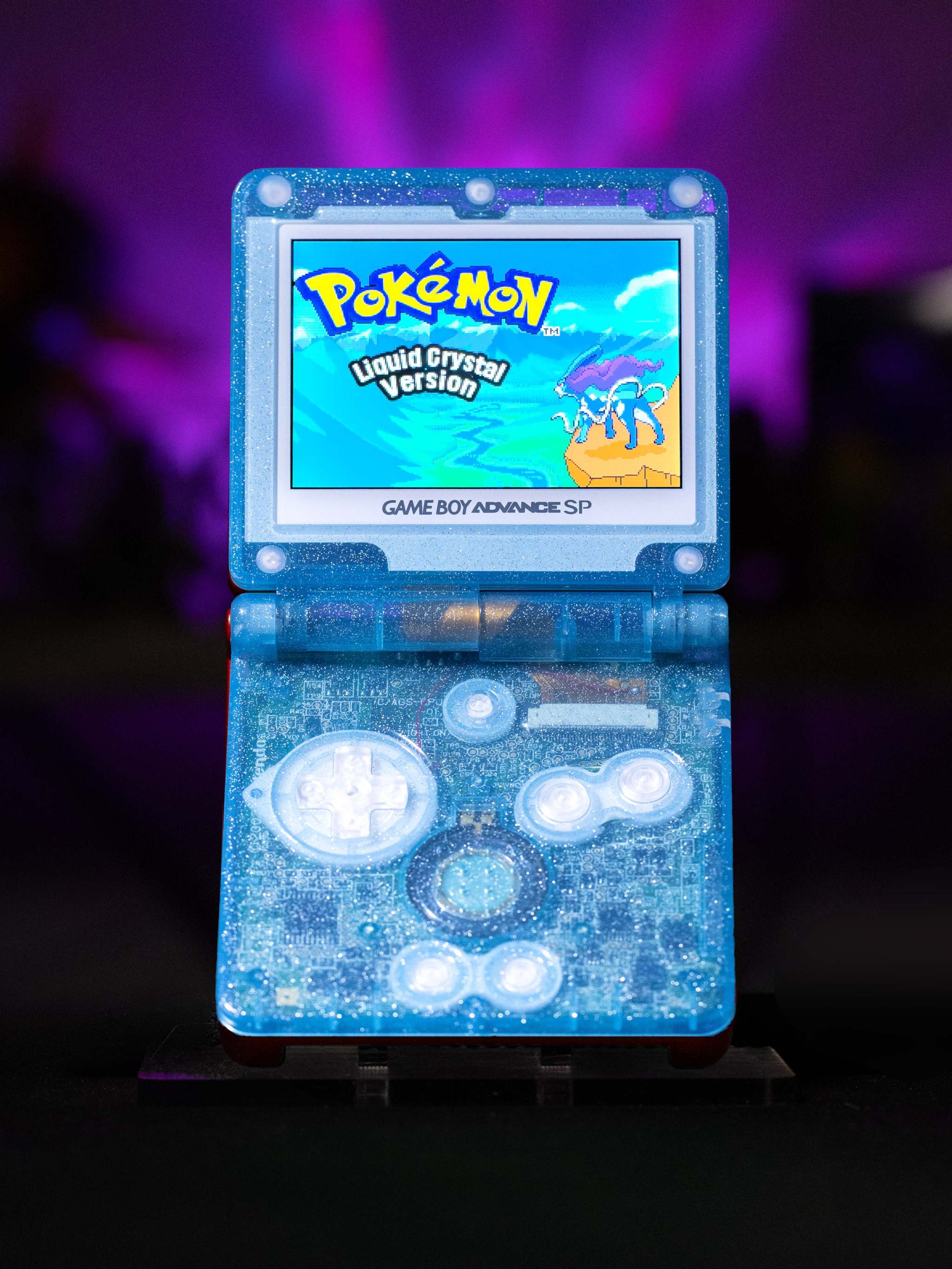 Custom Suicune Pokémon Game Boy Advance SP with transparent blue shell and IPS V5 display