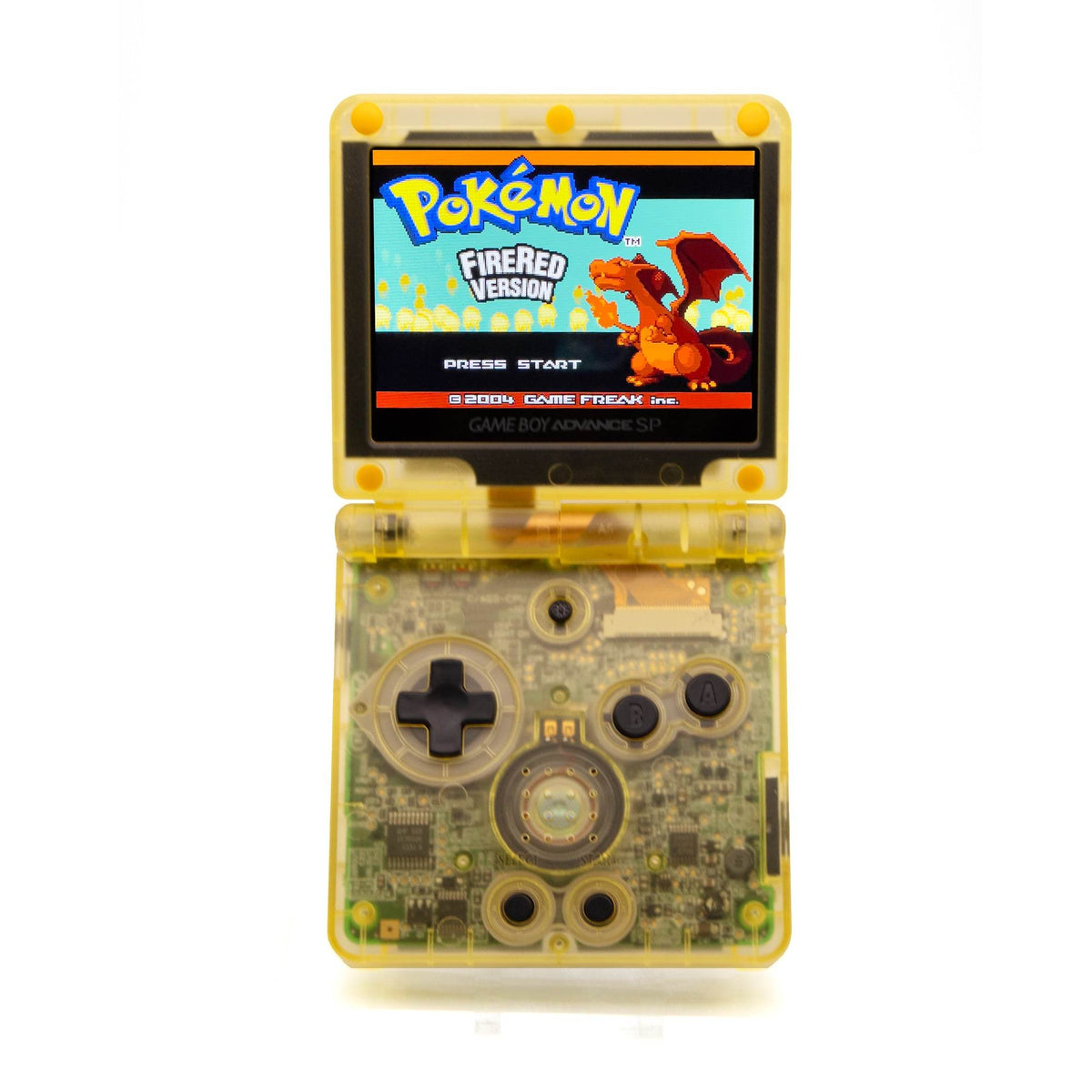 Raichu Evolution Edition Game Boy Advance SP with transparent yellow shell and custom Pokémon artwork