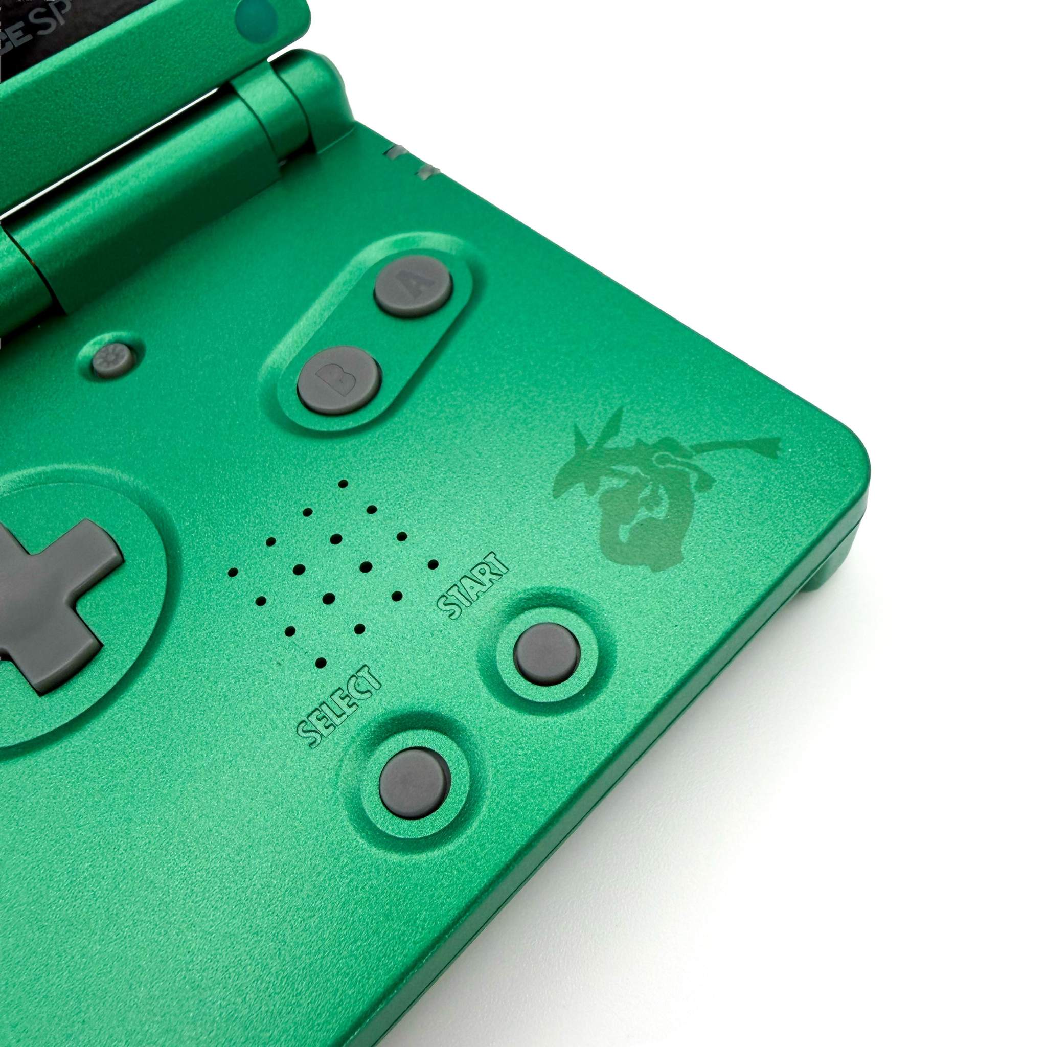 Emerald-green Game Boy Advance SP Rayquaza Edition with IPS screen