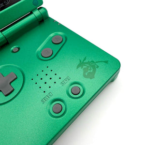 Emerald-green Game Boy Advance SP Rayquaza Edition with IPS screen
