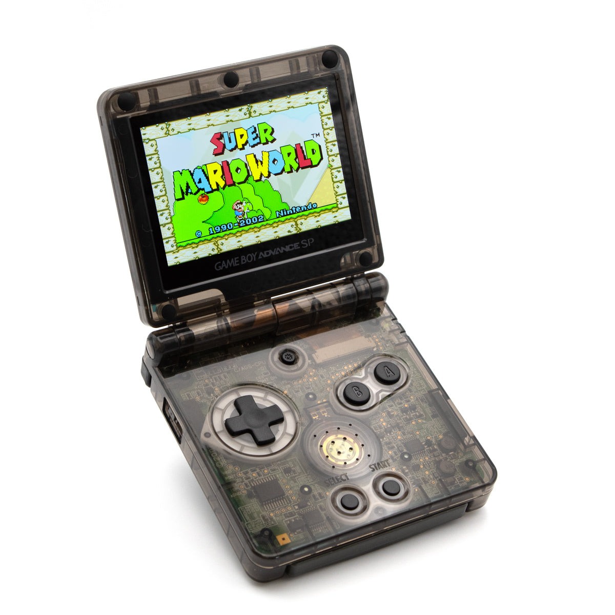 Refurbished Game Boy Advance SP Transparent Black Edition with visible internals