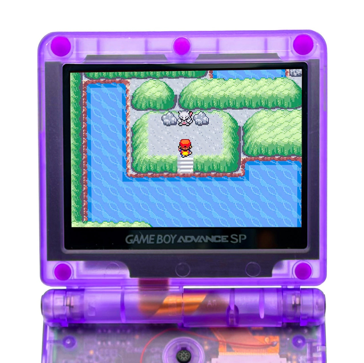 Game Boy Advance SP Mewtwo Edition with Cerulean Cave artwork and IPS V5 backlit display