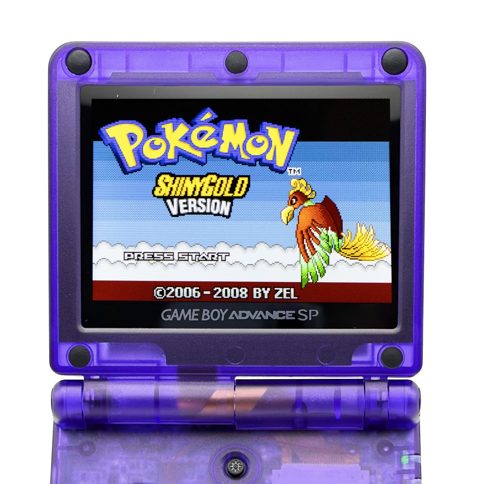 Transparent Purple Game Boy Advance SP with IPS V5 display and rechargeable battery
