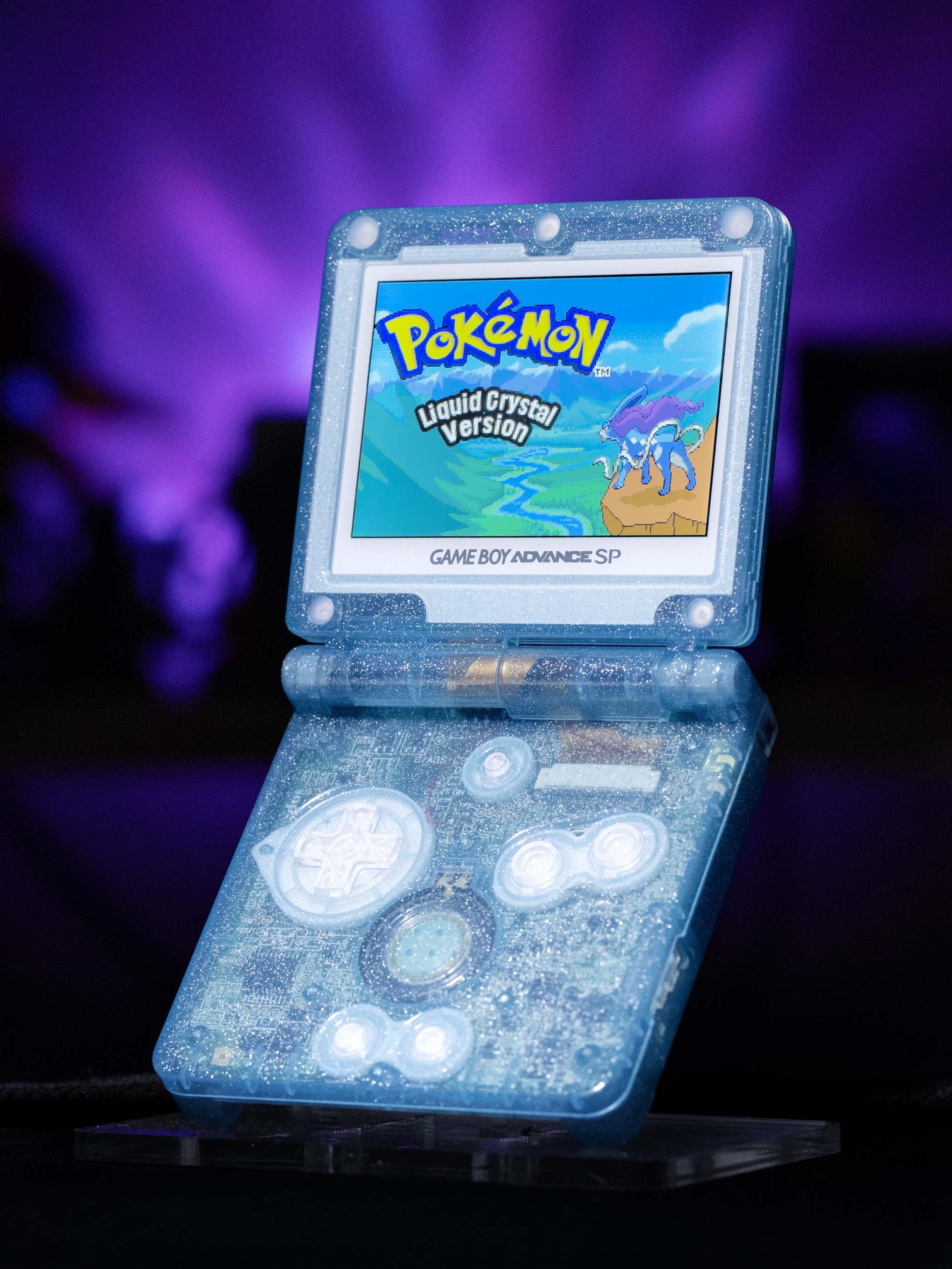 Suicune Pokémon Game Boy Advance SP with transparent blue shell and IPS V5 display