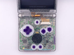 Game Boy Advance SP Crystal Clear Glitter Edition with holographic shell and purple buttons