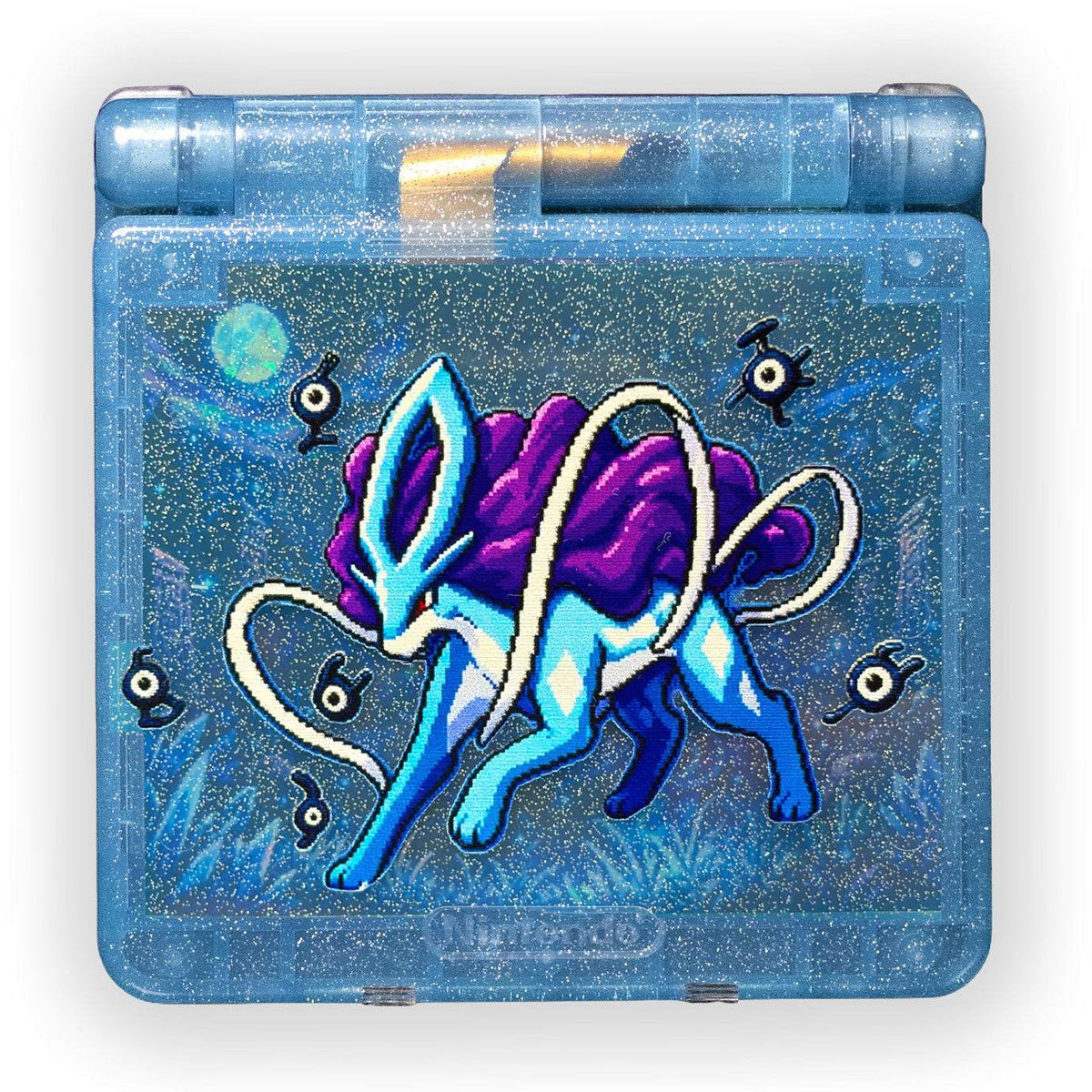 Suicune edition Game Boy Advance SP with blue transparent shell and legendary design