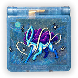 Suicune edition Game Boy Advance SP with blue transparent shell and legendary design