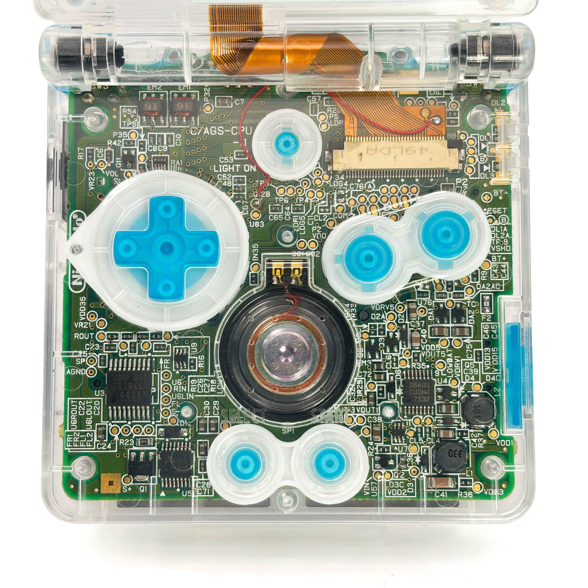 Game Boy Advance SP with Surfing Pikachu pixel art design