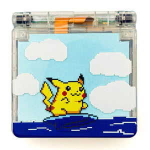 Game Boy Advance SP Surfing Pikachu Edition with transparent shell and pixel art