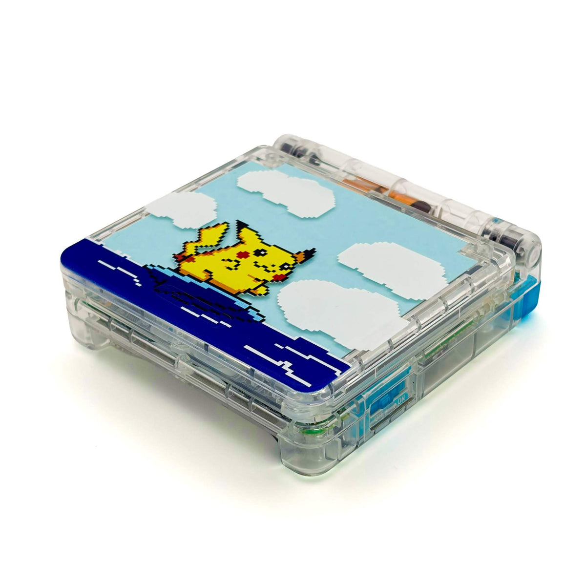 Game Boy Advance SP Surfing Pikachu Edition with transparent shell and pixel art