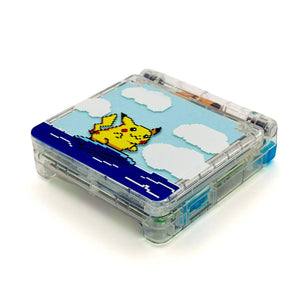 Game Boy Advance SP Surfing Pikachu Edition with transparent shell and pixel art