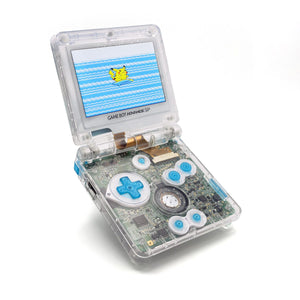 Game Boy Advance SP Surfing Pikachu Edition with transparent shell and pixel art