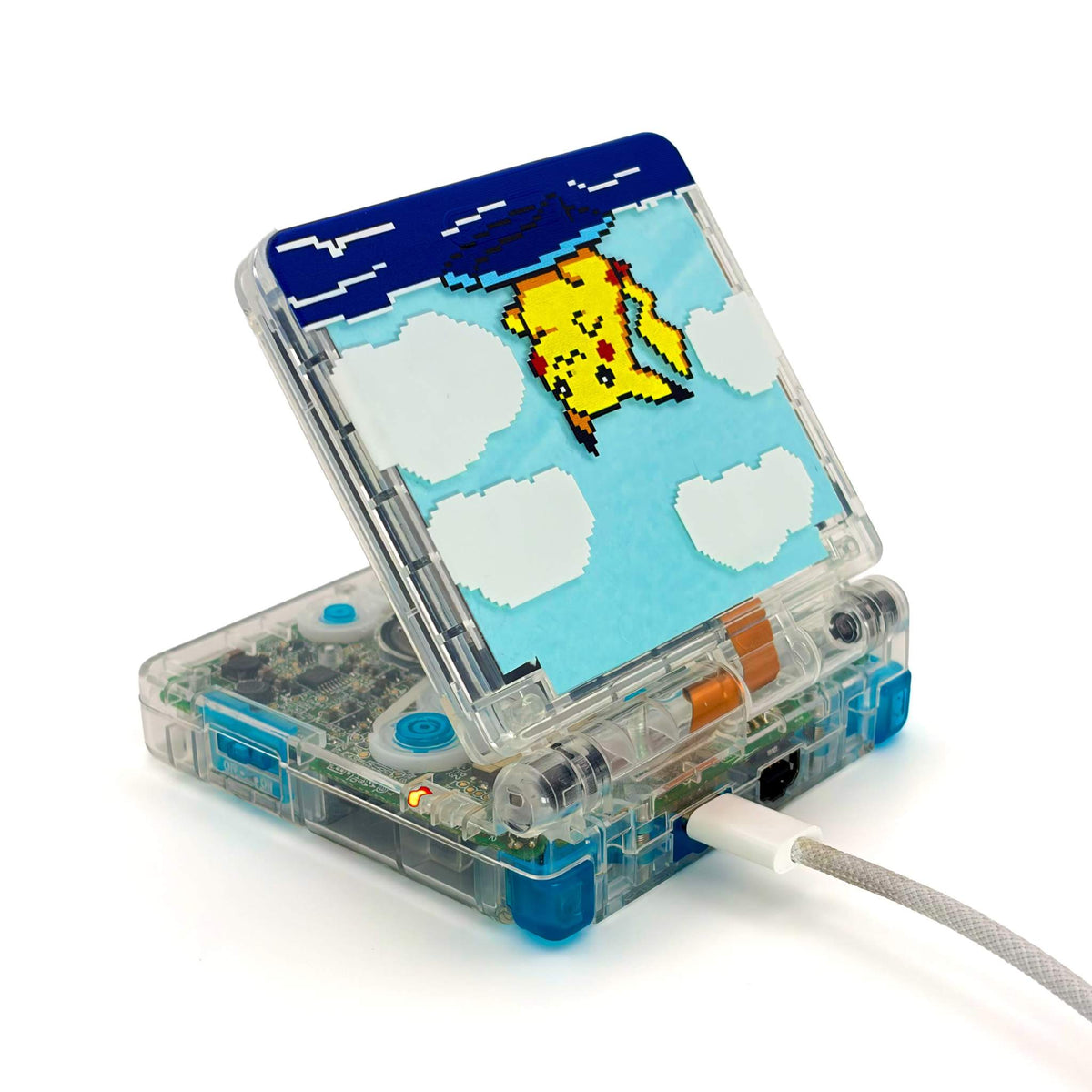 Game Boy Advance SP with Surfing Pikachu pixel art design