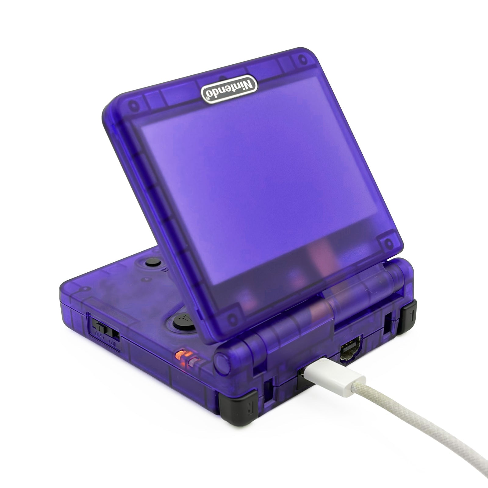 Transparent Purple Game Boy Advance SP with IPS V5 backlit display and rechargeable battery